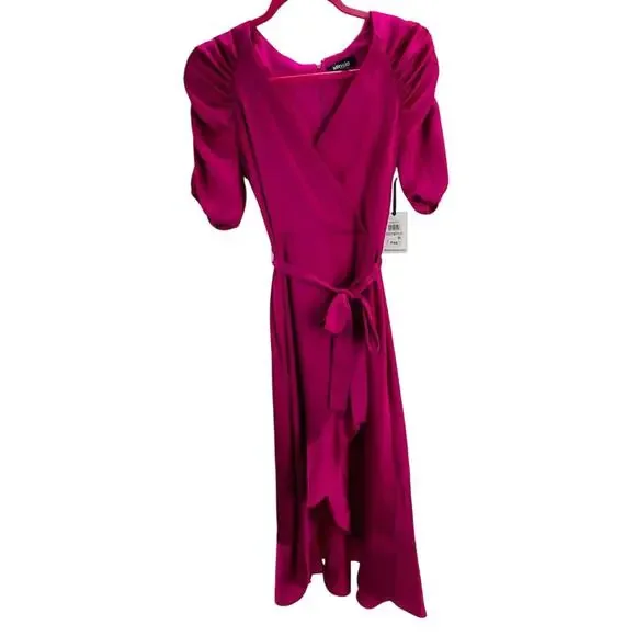 KENSIE SZ 0 xs pink fuschia Ruffle Ruched-Sleeve Faux-Wrap Midi Dress NWT B79 - Picture 2 of 9